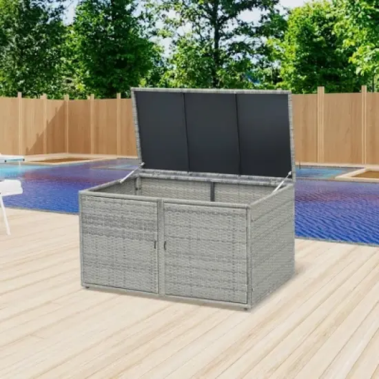 WELLFOR 88gal Outdoor Patio Garden Rattan Storage Box Gray image {1}