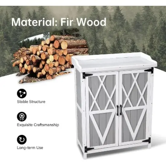 Potting Bench Outdoor Cabinet with Metal Tabletop, Wooden Storage Cabinets Weatherproof, Planting Work Benches with Adjustable Shelf image {3}