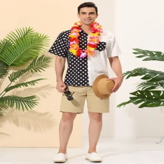 Lars Amadeus Men's Summer Polka Dots Short Sleeves Button Down Patchwork Beach Shirt image {2}