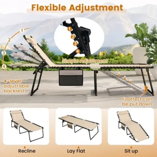 Costway 1/2 PCS Oversize Folding Chaise Lounge with Backrest Detachable Pillow Pocket image {4}