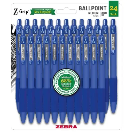 Zebra Z-Grip Recycled Retractable Ballpoint Pen Medium Point 1.0mm Blue Ink 24/Pack (20324) image {5}