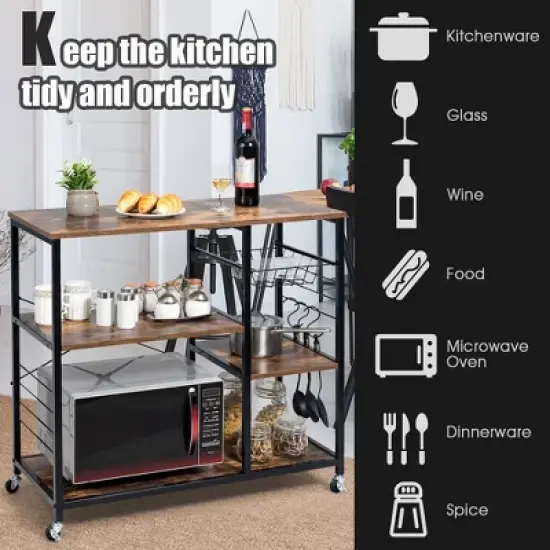 Costway Rolling Industrial Kitchen Baker's Rack Wood Black image {7}