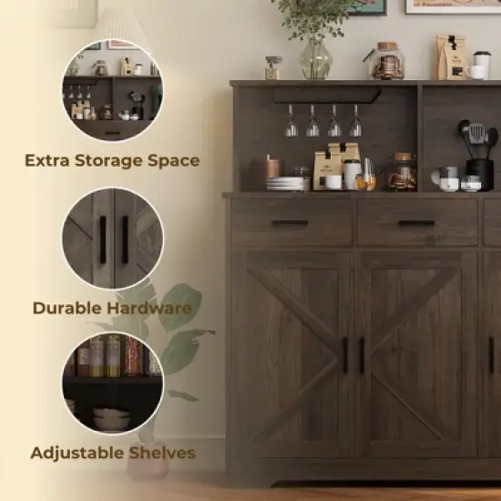 Farmhouse Sideboard Buffet Cabinet with Microwave Stand &ndash; Barn Doors, Drawers & Shelves image {3}