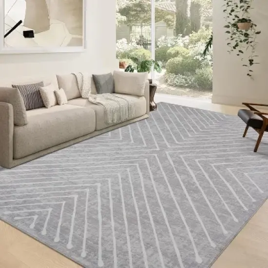 Modern Striped 10x13 Light Grey Washable Rug, Stain-Resistant Non-Slip Low Pile Carpet for Living Room, Nursery, or Apartment Decor image {2}