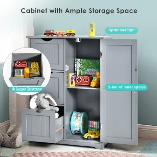 Costway Bathroom Floor Cabinet Side Storage Cabinet with 3 Drawers and 1 Cupboard Grey\ Black image {3}