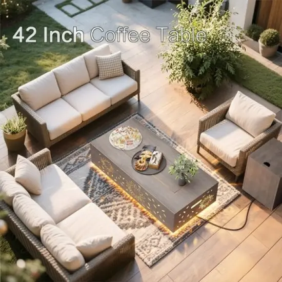 Evita 50,000 BTU Outdoor Fire Pit Table with LED Light, Propane Tank, Windshield, Glass Stone and Rain Cover-42*20*12 Inch image {5}