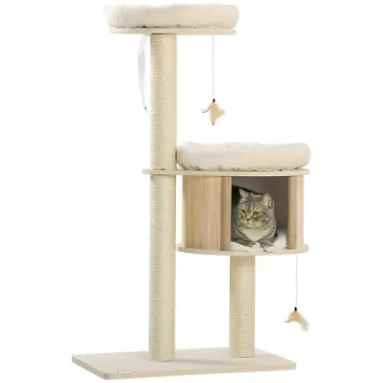 Chery Life 3-Level Cat Tree with Sisal Scratching Posts, Fun Cat Badminton Toy for Playing, Soft Cushions, & Play Areas image {7}