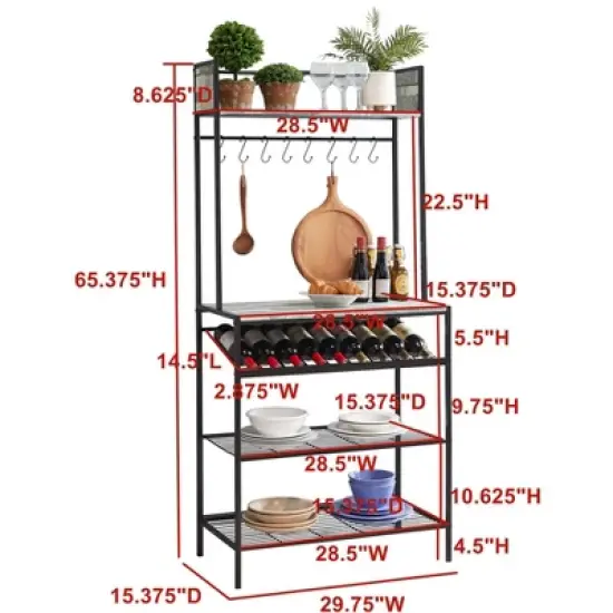 Kings Brand Furniture Lindsay Gray Tile Bakers Rack with 9 Wine Bottle Capacity Rack & 8 Hooks - Kitchen Storage Organizer image {3}