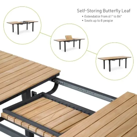 Greemotion 61.4"-93.9" Mackay DSC Teak Wood & Metal Rectangle Outdoor Patio Dining Table with Self Storing Butterfly L: Seats 8 image {2}