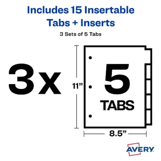 Avery Dividers for 3 Ring Binders, 5-Tab Binder Dividers, Plastic Binder Dividers, Insertable Big Tab, Multicolor, 3 Sets (71900) image {6}