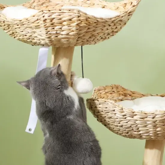 PawHut 37 Inch Modern Cat Tree w/ Wooden Scratching Posts, Condo, Beds, Cushions, Toy Balls, Anti-Tip Kit for Indoor Adult Cats & Kittens, Cream White image {5}