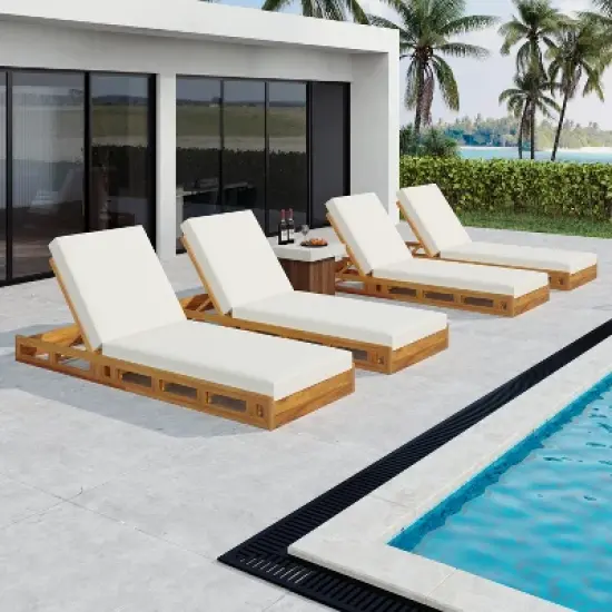 Christopher Knight Home Leeward Outdoor Acacia Wood Adjustable Chaise Lounge with Water-Resistant Cushion (Set of 4) image {10}