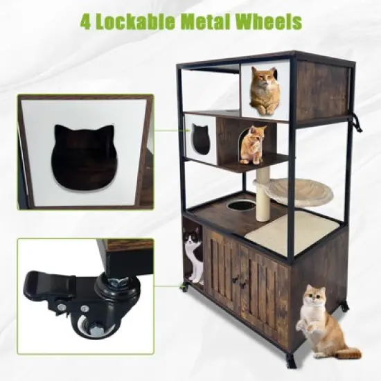 Litter Box Enclosure with Tree and Stainless Steel Litter Box, Wooden Cat House Cabinet On Wheels,  Litter Furniture with Condo, Platforms image {3}