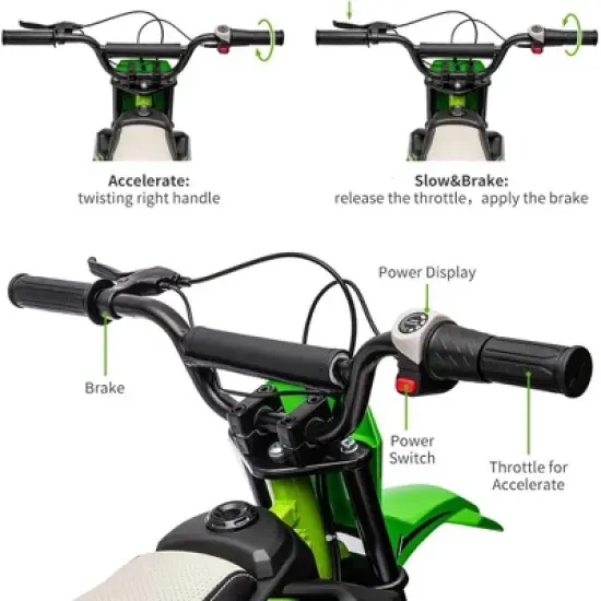 24V Kids Ride-On Motorcycle, Electric Off-Road Dirt Bike with 250W Motor, 13.6 MPH Speed, Chain Drive, Leather Seat, Disc Brake,Pneumatic Tires Green image {2}