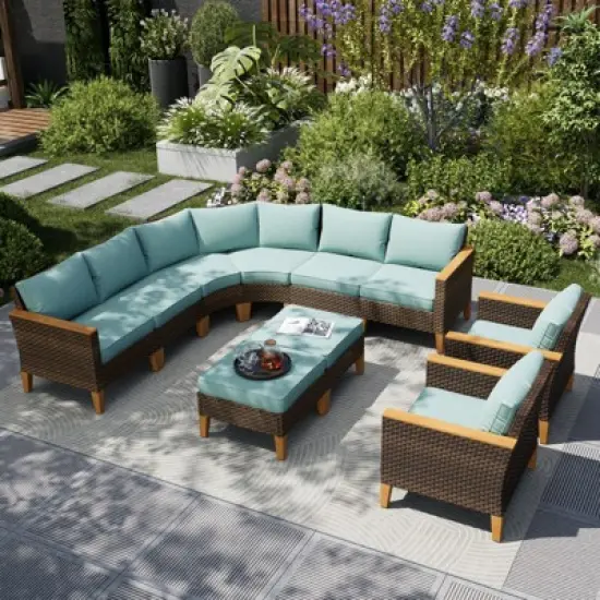 Captiva Designs 10pc Outdoor Wicker Rattan Patio Half-Moon Curved Sectional Sofa Set with Cushioned Ottoman image {14}