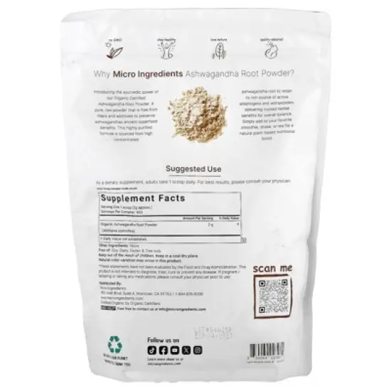 Micro Ingredients Organic Ashwagandha Root Powder, 2 lb (907 g) image {1}