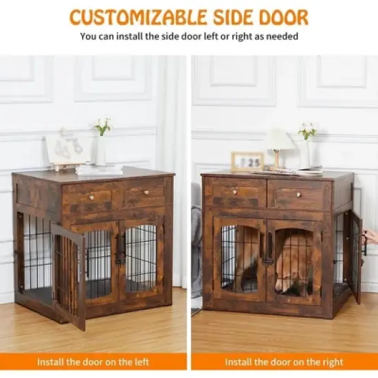 COZONY Wooden Dog Crate Furniture with 2 Drawers & 3 Doors, Removable Cushion, Decorative End Table Pet Cage for Small to Large Dogs image {4}