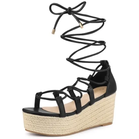 Perphy Lace Up Platform Wedge Heel Strappy Sandals for Women image {5}