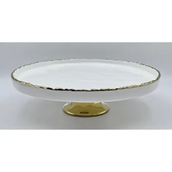 Jiallo Simplicity Collection White Porcelain Gold Trim Round Cake Plate with Stand image {5}