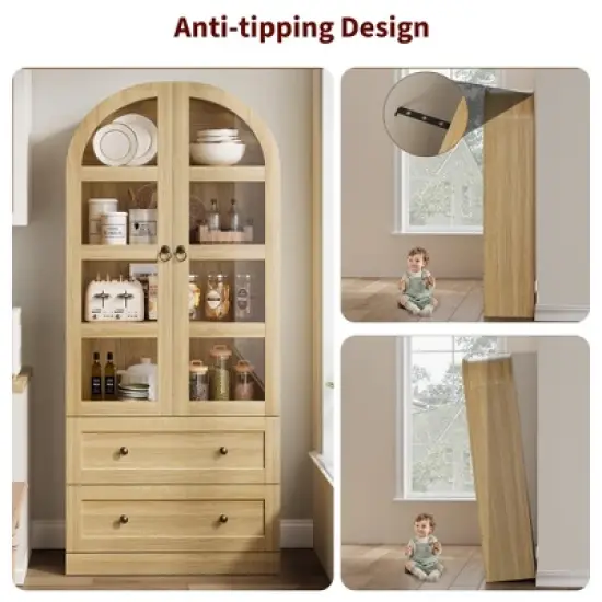 72" Arched Kitchen Pantry, Wood Arch Kitchen Storage Cabinets with Doors, Drawers, Shelves, Farmhouse Freestanding Versatile Large Cupboard Cabinet image {7}