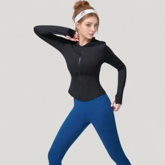 Anna-Kaci Active Women's Full Zip Long Sleeve Hooded Active Jacket with Slim Fit and Thumbhole Cuffs image {3}