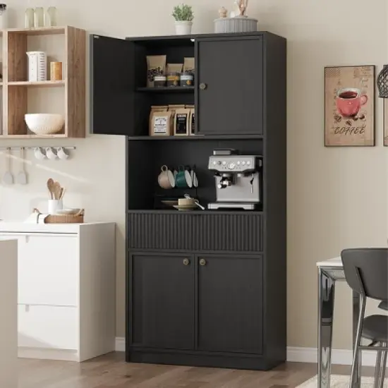 Kitchen Pantry Cabinet, 70" Tall Pantry Storage Cabinet with Countertop, Fluted Tall Cabinets with Doors and Drawer image {2}