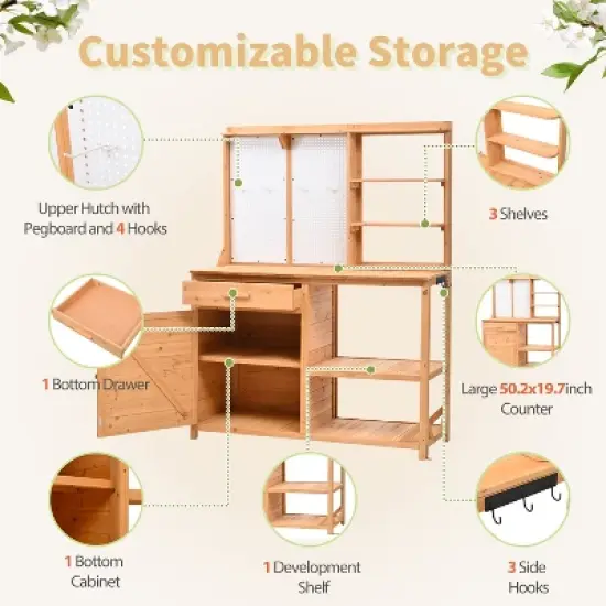 Hrinhom 50.2"W  Patio Potting Bench Table, Wooden Farmhouse Garden Workstation with Storage Shelves and Side Hook image {2}