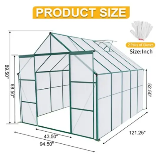73.75"8X6FT-Green Double Door Polycarbonate Greenhouse Raised Base and Anchor Aluminum Heavy Duty Walk-in Greenhouses image {7}