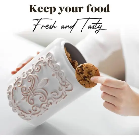 American Atelier Food Storage Ceramic Canister Jar, Fleur De Lis Embossed Design & Airtight Stainless-Steel Lid For Sugar, Flour, White, Set of 2 image {4}