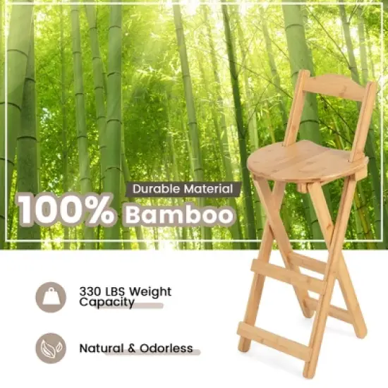 Costway Set of 2 Bamboo Folding Barstools Counter Height Dining Chairs Installation Free image {4}