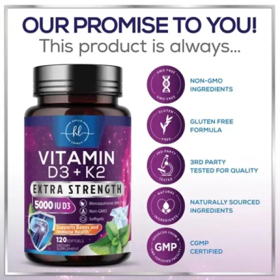 Vitamin D3 5000 IU with K2 100mcg - Complex Softgels Bone Teeth & Immune Support - 240 Softgels;120 Softgels image {3}