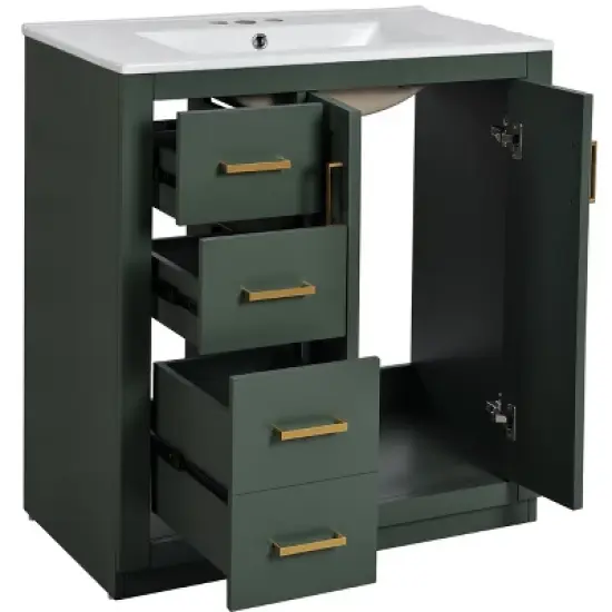 30''W Freestanding Bathroom Vanity with Ceramic Sink, Solid Wood Frame Storage Cabinet with 3 Drawers & Soft Closing Doors - ModernLuxe image {7}