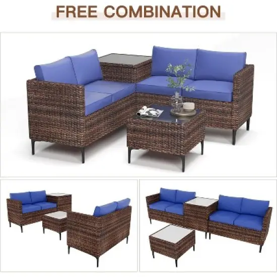 Jojoka 4-Piece All-Weather PE Rattan Patio Sofa Set, Sectional with Loveseat, Coffee Table with Storage, Ideal for Backyard image {6}