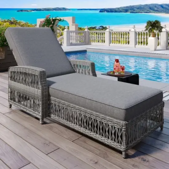 Outdoor Wicker Reclining Chaise Lounge,Adjustable Patio Recliner with Armrests And Cushions,All-Weather Rattan Pool Lounge-Maison Boucle image {8}
