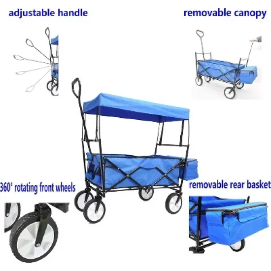 Acekool Folding Wagon Cart with Detachable Canopy, 150lb Capacity, 360&deg; Rotating Wheels, Portable Outdoor Cart for Beach, Garden, Camping, Red image {2}