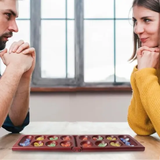 GSE Folding Wooden Mancala Board Game with Multi-Color Glass Stones and Storage Bag, Travel Game - Oak/Mahogany image {5}