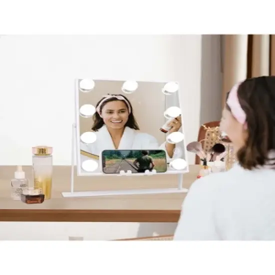 Fenchilin Lighted White Hollywood Makeup Vanity Mirror with 9 Dimmable Bulbs, Wireless Charger, Bluetooth Speaker, Smart Touch, and 10X Magnification image {5}