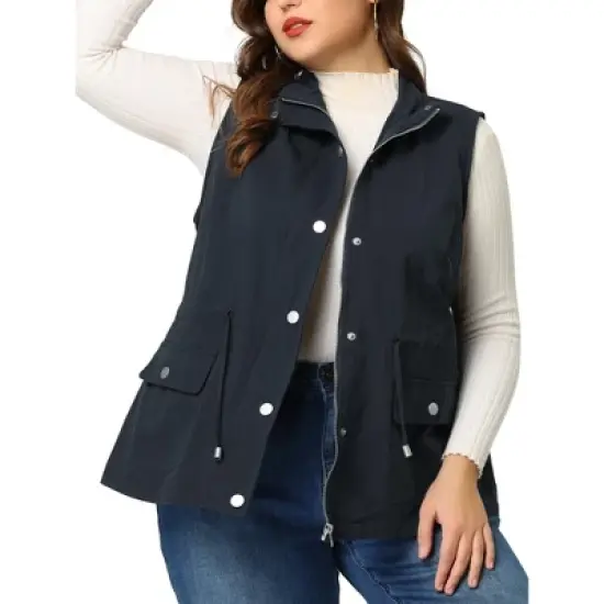 Agnes Orinda Women's Plus Size Utility Vest Cargo Pocket Drawstring Waist Sleeveless Jacket image {9}