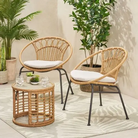 Specter 3pc Patio Wicker Chat Set - Light Brown/Beige/Black - Christopher Knight Home image {1}