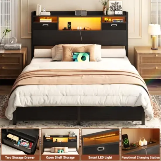 Aheaplus Storage Headboard with Power Outlet and RGB LED Lights, Head Board with Fabric Drawers image {5}
