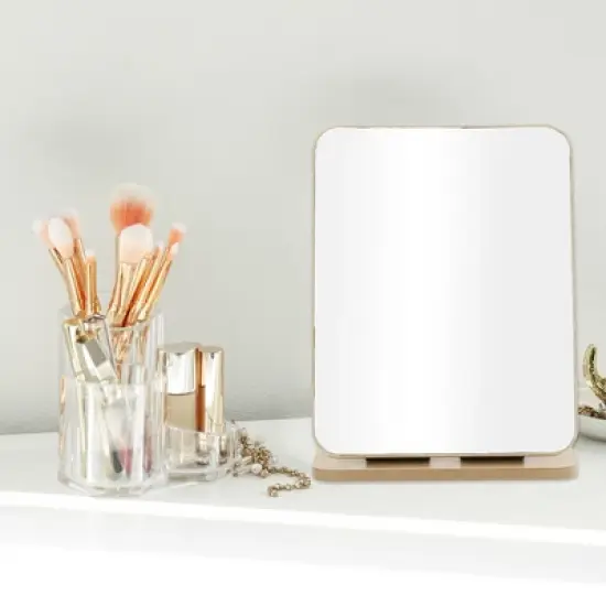 Unique Bargains Square Desktop Cosmetic Mirror Wood Color 1 Pc image {2}