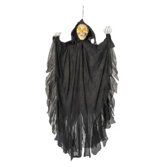Morris Costumes 47 1/4" Animated Hanging Skeleton Reaper with Black Cloak Halloween Decoration image {1}
