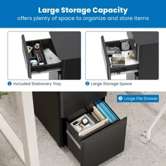 Mount-It! Mobile File Pedestal Cabinet with 3 Drawers & Lock | Slim Design Under Desk Storage & Organizer for Files, Folders & Office Supplies | Black image {3}