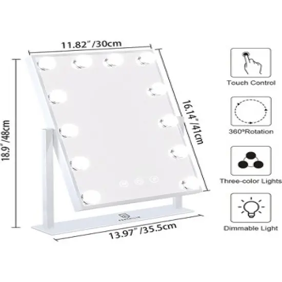 Fenchilin Lighted Hollywood Makeup Vanity Mirror with Smart Touch Control, 3 Color Options, Dimmable Light, 10X Magnification and 360 Degree Rotation image {5}