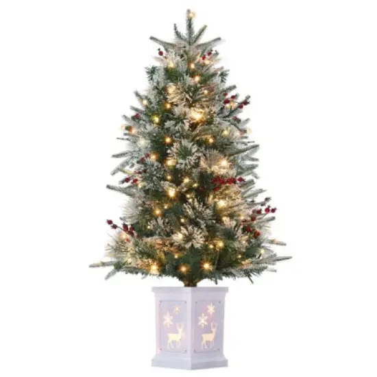 3ft Small Christmas Tree Pre-Lit Artificial Christmas Tree with 78 Led Lights, Snow Flocked Xmas Tree w/Base, Timer Function, Battery Operated image {3}
