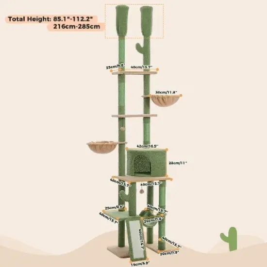 DOMETOUR Adjustable Height(85-112 Inch) Cactus Cat Tree Cat Tower, 7 Tiers Climbing Activity Center with Cozy Hammocks Cat Condo image {1}