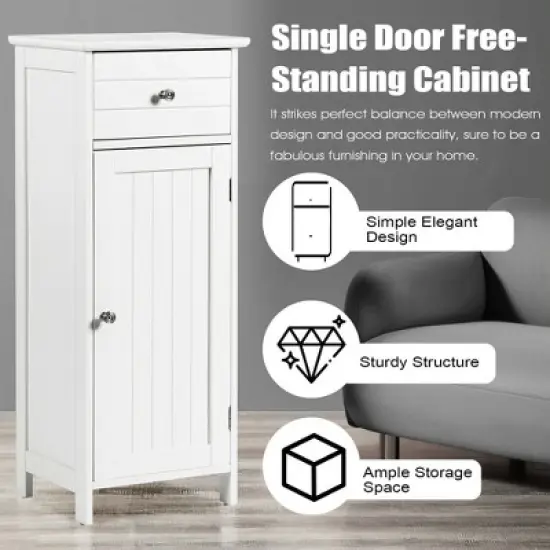 Costway Wooden Bathroom Floor Storage Cabinet Organizer with Drawer and Adjustable Shelf image {4}