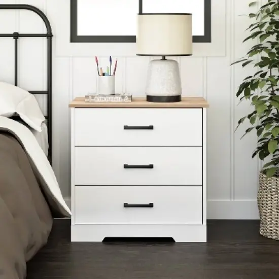 Prepac Rustic Ridge Farmhouse 3 Drawer Nightstand White/Oak image {2}
