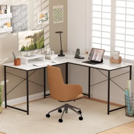 Tangkula L-Shaped Computer Desk with Power Outlets 95&rdquo; Long 2-Person Desk with Monitor Shelf Modern Corner Desk Gaming Table with USB Ports White image {2}