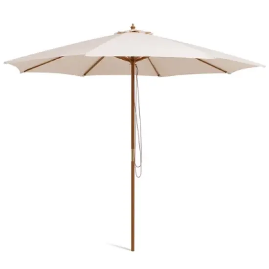 Costway 10FT Patio Wooden Market Table Umbrella Pulley with 8 Bamboo Ribs Sunshade Canopy Coffee/Gray/Navy/Wine/Beige image {9}